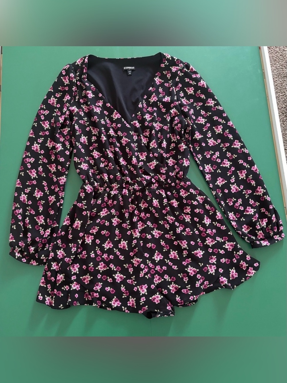 Express Women Size XS Black Romper with Pink Floral Print